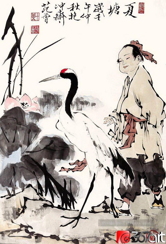 Garçon Fangzeng et grue chinoise traditionnelle Peintures à l'huile